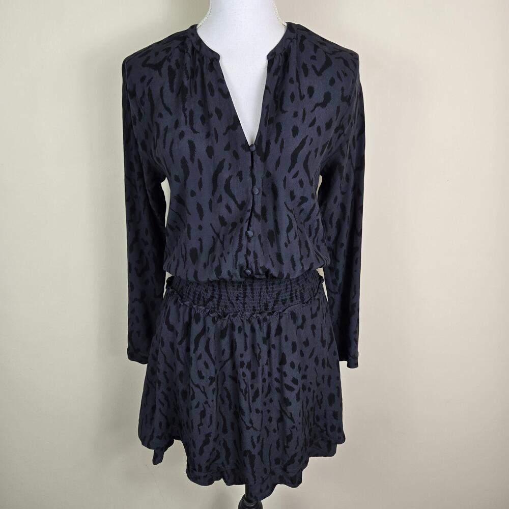 Rails Dress Womens Small Ash Cheetah Jasmine Long Sleeve V Neck Smocked Mini